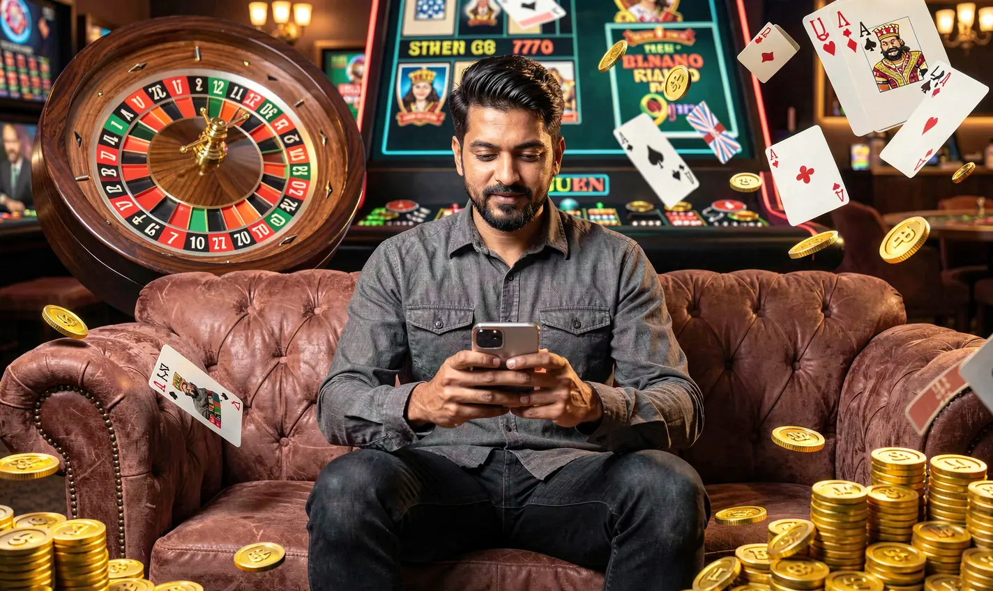 Focused Bangladeshi player using the 48OK casino app on his phone with live roulette wheels and gold coins creating an exciting mobile gaming scene