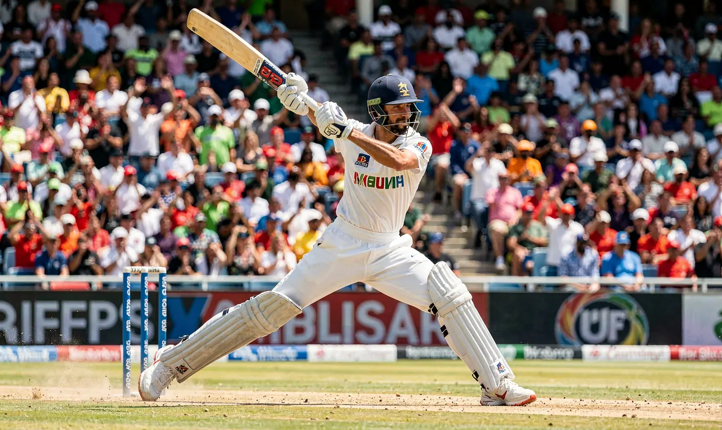 Dynamic cricket match with a batsman facing fast bowling in a packed stadium capturing the thrill of live cricket betting with 48OK in Bangladesh