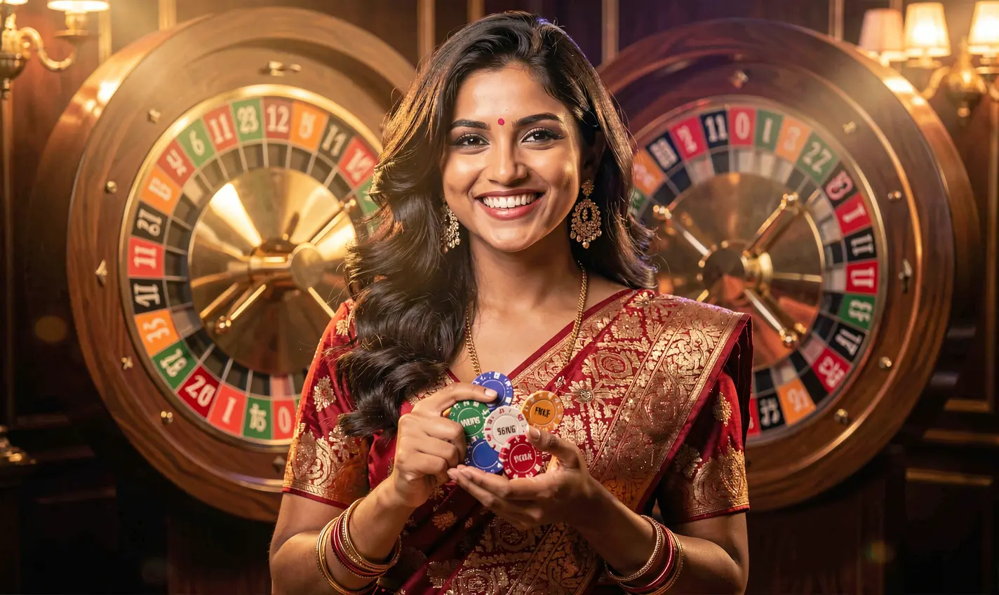 Elegant casino player holding colorful chips in front of a glowing roulette wheel showcasing the premium gaming atmosphere of 48OK online casino in Bangladesh
