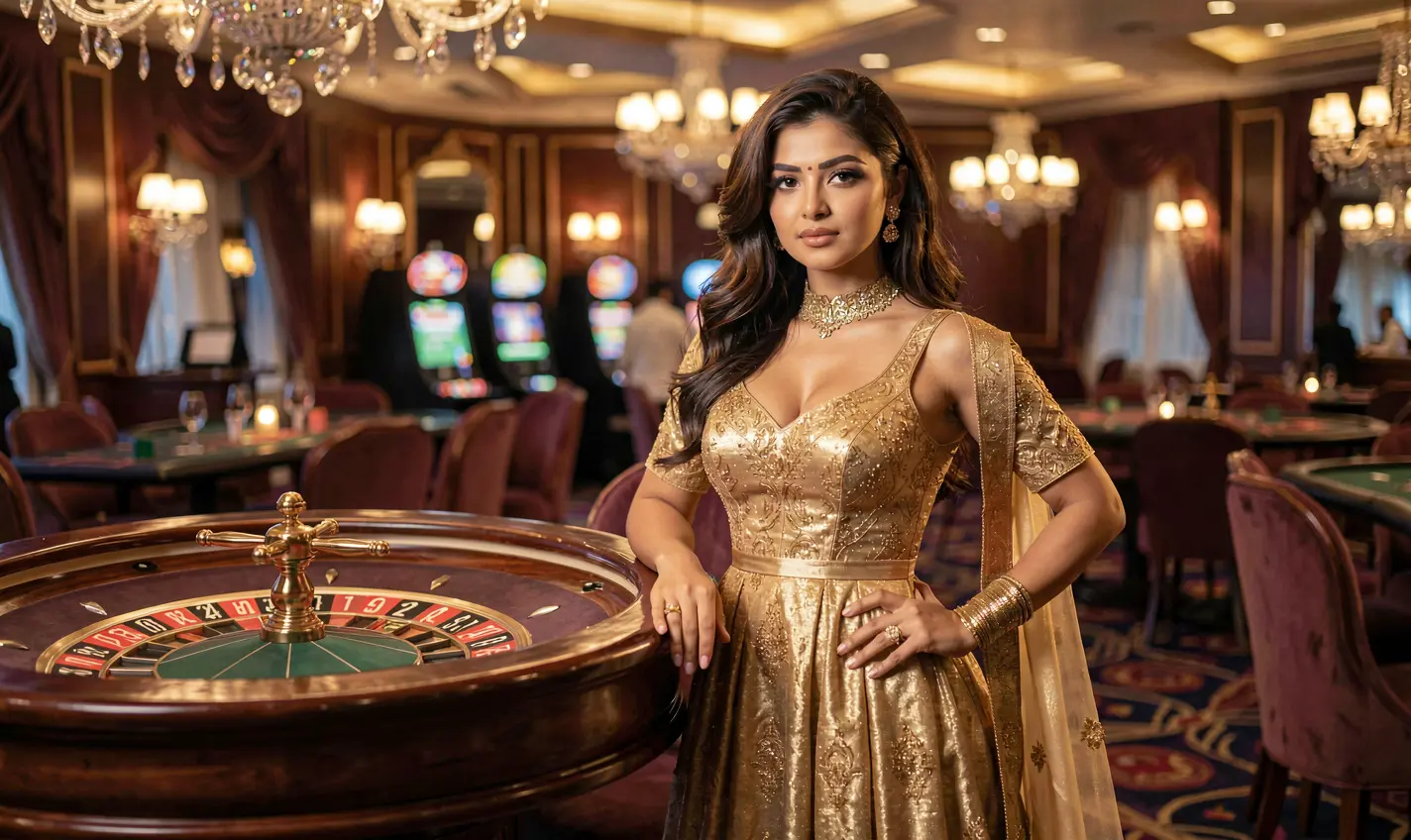 Elegant female casino dealer in a golden dress standing by a roulette table in a luxurious gaming hall at 48OK Casino showcasing high end casino entertainment for players in Bangladesh