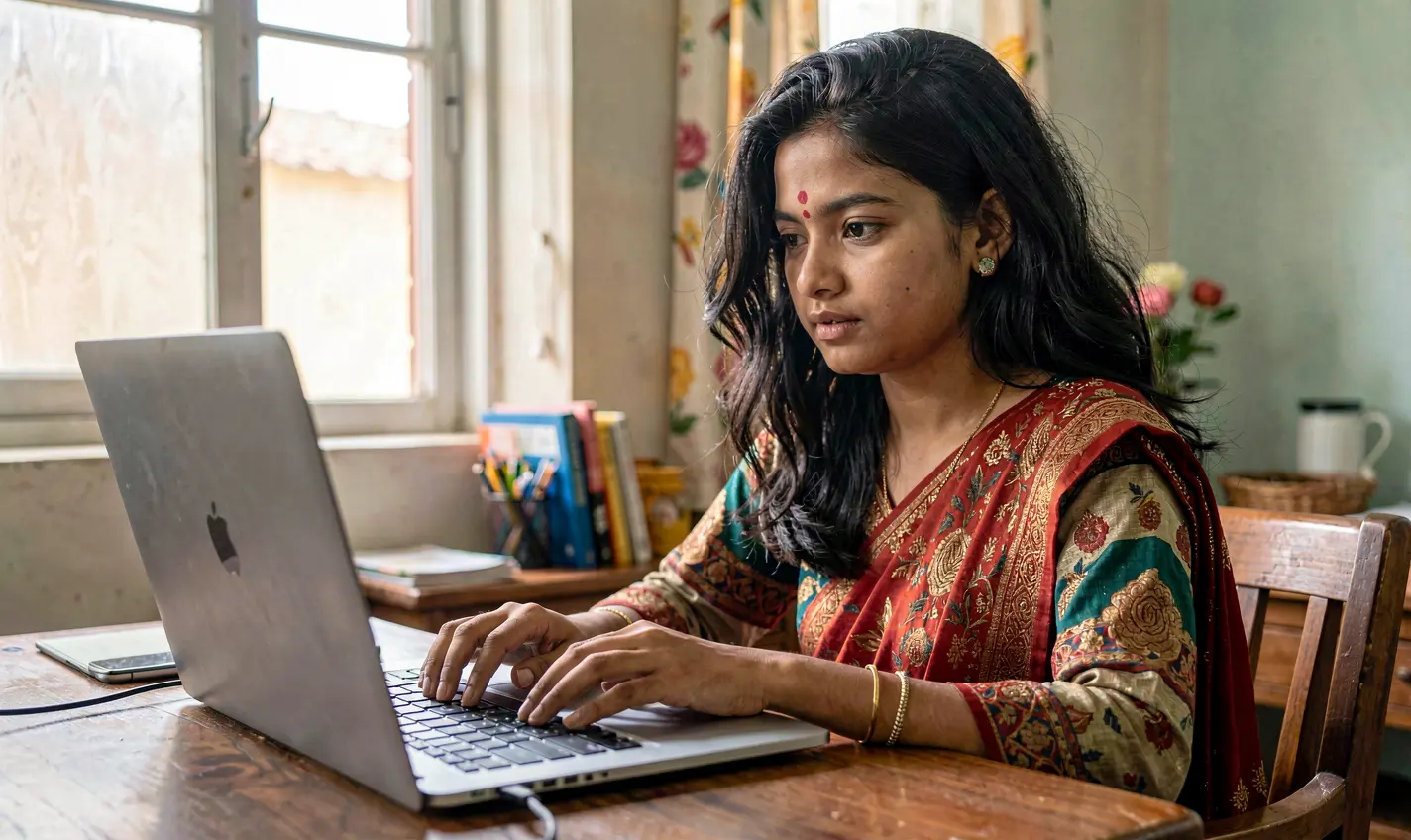 Stylish Bangladeshi gamer playing immersive online casino games on a laptop with vibrant visuals representing the dynamic 48OK gaming experience