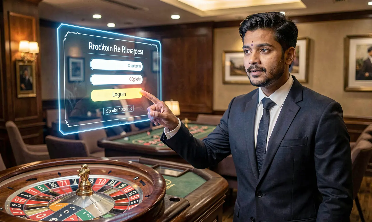 Elegant casino dealer from Bangladesh interacting with a futuristic holographic login panel above a glowing roulette table at 48OK