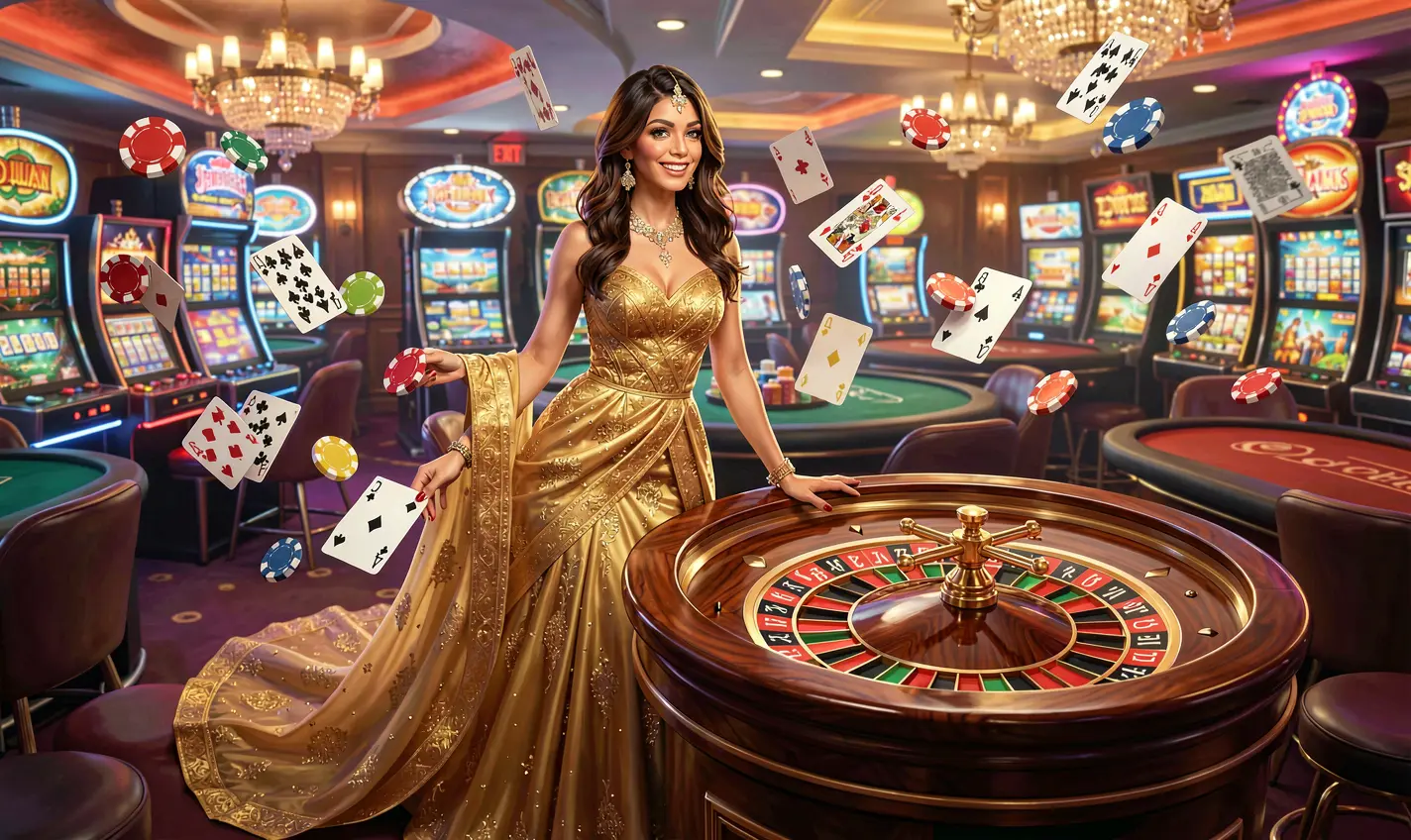 Elegant casino atmosphere with a woman in a golden dress near a roulette wheel surrounded by glowing chips showcasing the premium gaming style of 48OK for players in Bangladesh