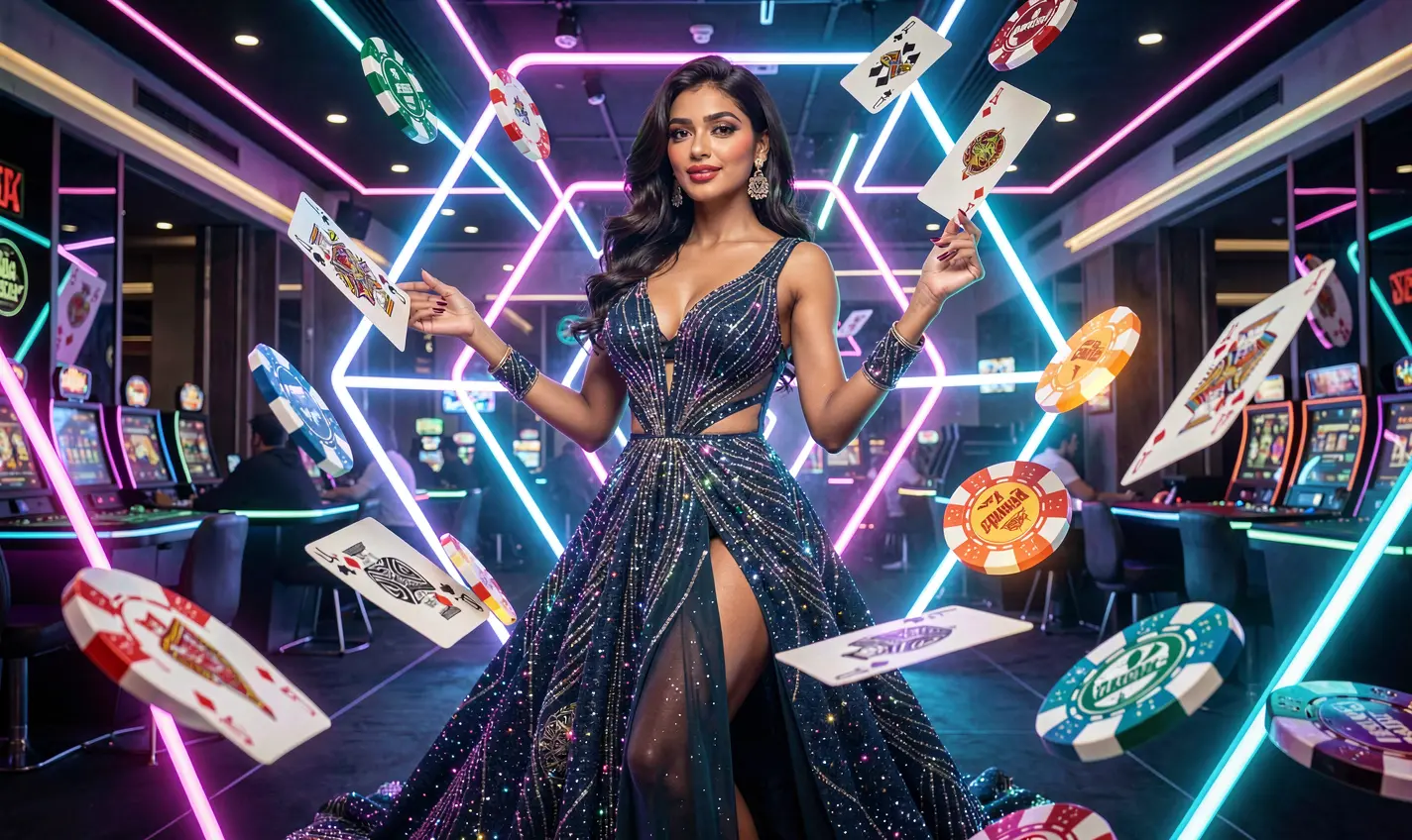 Stylish female casino player in a sparkling dress with flying chips and glowing shapes representing high energy online gaming at 48OK in Bangladesh