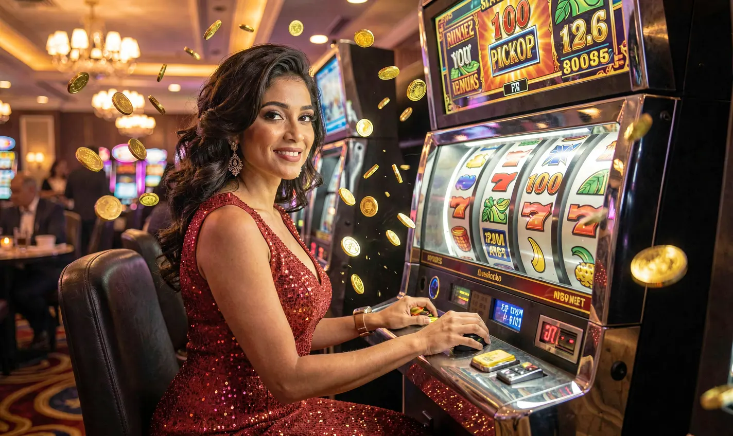 Elegant woman in a red evening dress playing glowing slot machines surrounded by falling coins creating a luxury casino atmosphere at 48OK online casino in Bangladesh